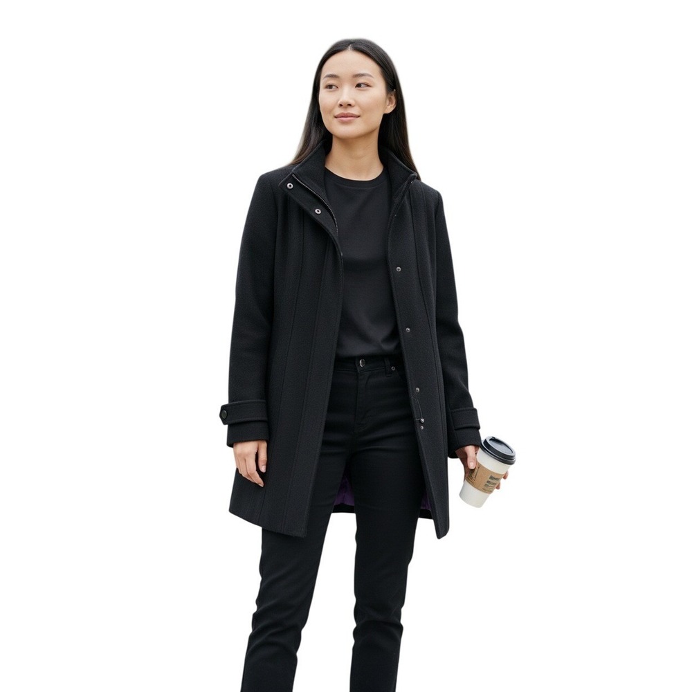 Calvin Klein Black Wool Blend Collared Snap Button Quilted Lined Coat‎ Womens